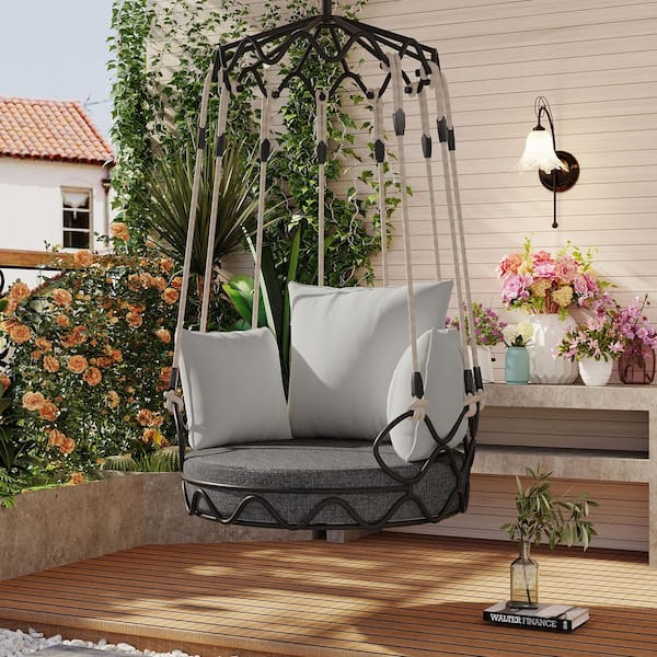 Outdoor Metal Patio Swing Porch Hanging Basket Chair with UV Resistant Olefin Fabric Gray Cushion