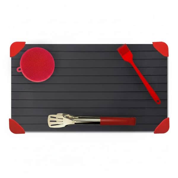 Black Aluminum Kitchen Defrosting Tray with Silicone Scrubber, Stainless Steel Tongs, Oil Brush, Hanging Tie, 1 Pcs