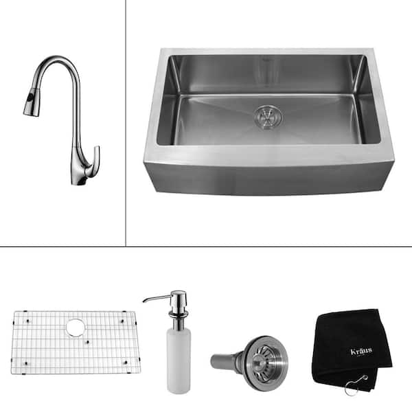 KRAUS All-in-One Farmhouse Apron Front Stainless Steel 33 in. Single Basin Kitchen Sink with Faucet and Accessories in Chrome