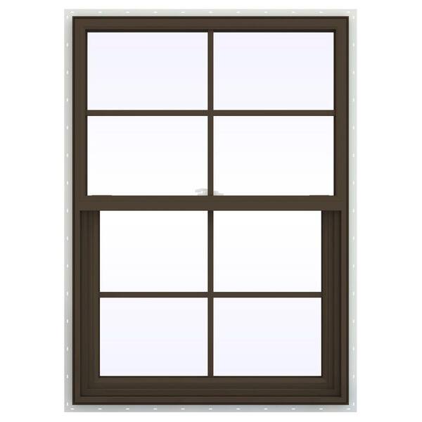 JELD-WEN 29.5 in. x 35.5 in. V-2500 Series Brown Painted Vinyl Single Hung Window with Colonial Grids/Grilles