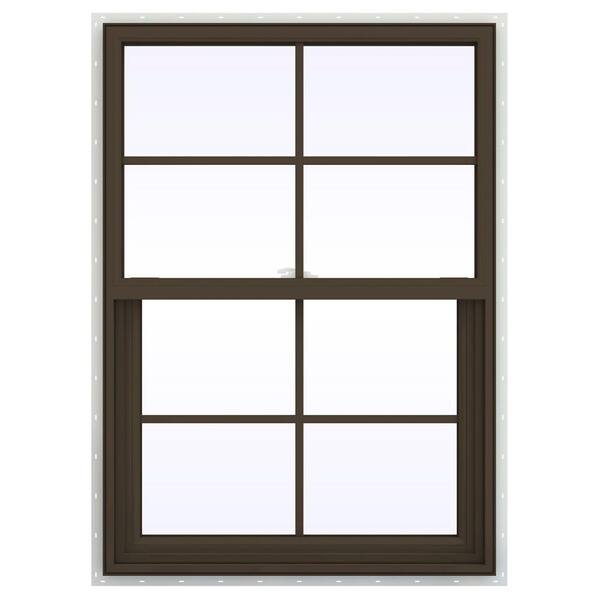 JELD-WEN 29.5 in. x 41.5 in. V-2500 Series Brown Painted Vinyl Single Hung Window with Colonial Grids/Grilles