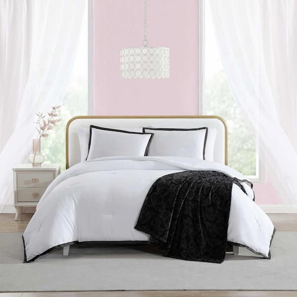 BETSEY JOHNSON Signature Hotel Solid White/Black 3-Piece Microfiber Twin Reversible Comforter Sham Bonus Set