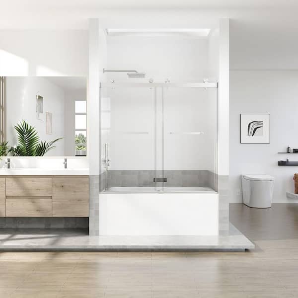 56-60 in. W x 66 in. H Double Sliding Frameless Tub Door in Brushed Nickel with 5/16 in. (8 mm) Tempered Clear Glass