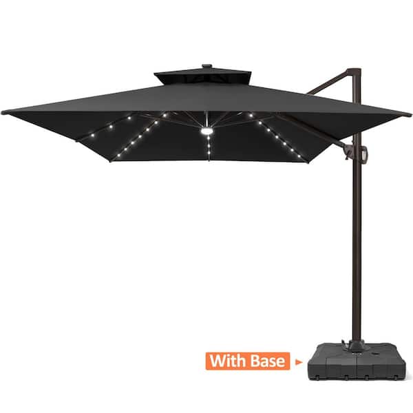 2-Tier Top 13 ft. x 10 ft. Solar LED Lighted Cantilever 360° Rotation Patio Umbrella in Black with 260lbs. Umbrella Base