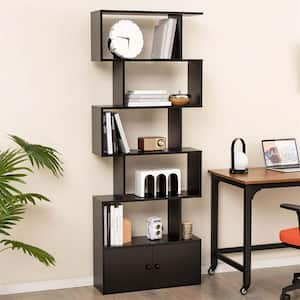 72 in. Tall Black Engineered Wood 5-Shelf Etagere Bookcase with Cabinet and Anti-Tip Device