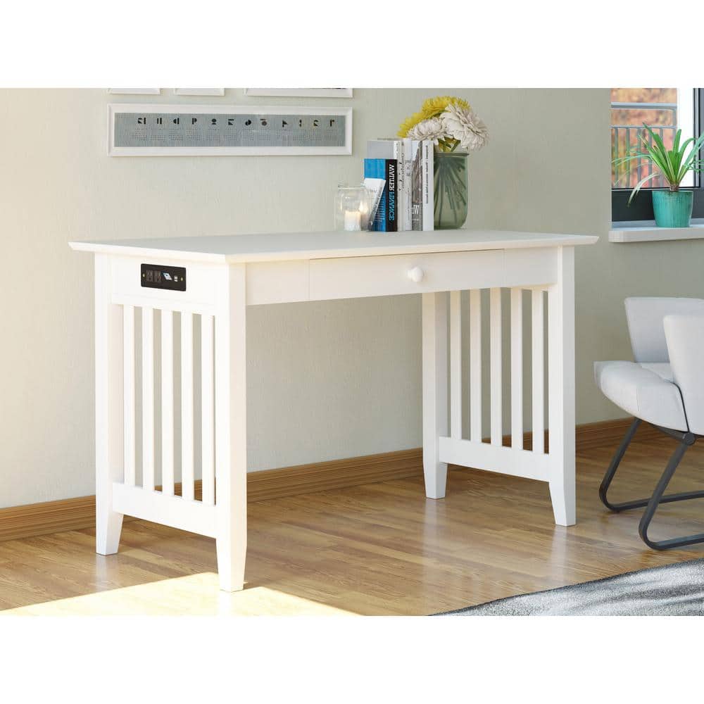 White Solid Wood Desk with Drawer, Power Outlet, and USB Port