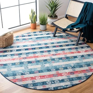 Madison Navy/Ivory 7 ft. x 7 ft. Striped Geometric Solid Color Round Area Rug
