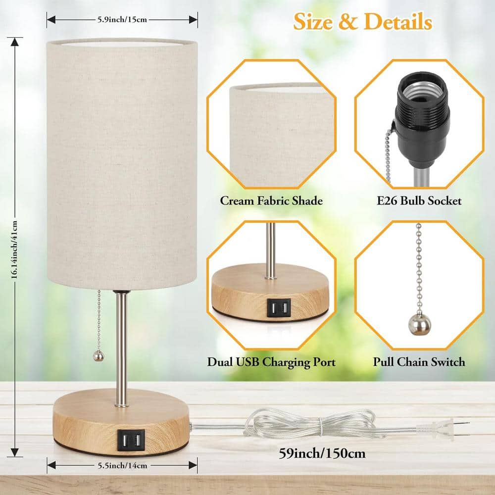 Set of 2 Beige Linen Cylinder Bedside Lamps with USB Ports