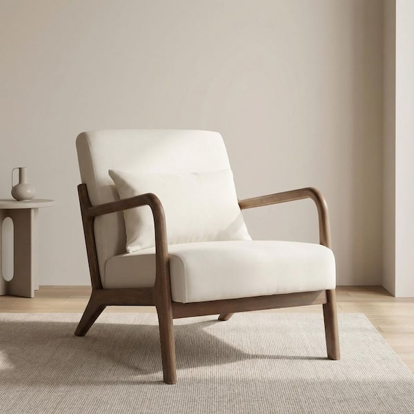 Demi Modern Antique White Cotton Linen Upholstered Accent Arm Chair with Lumbar Pillow