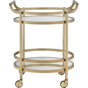 Contemporary Style Metal Outdoor Bar Oval Serving Cart with Clear Tempered Glass, 2 Open Storage and 4 Wheels in Bronze