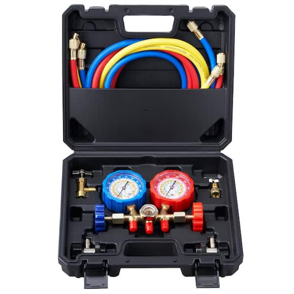 3-Way AC Manifold Gauge Set for R134A, R22, R12, R502, 5 ft. Hoses, Couplers, Can Tap for Car Freon Charging