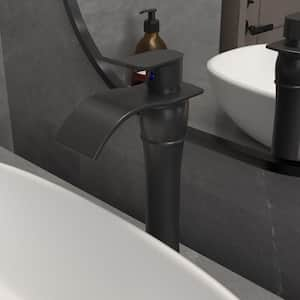 Waterfall Single Hole Single-Handle Vessel Bathroom Faucet With Pop-up Drain Assembly in Matte Black