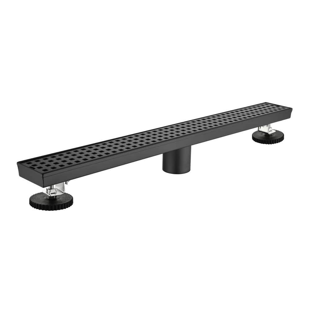 24-Inch Matte Black Stainless Steel Linear Shower Drain with Quadrato Grate