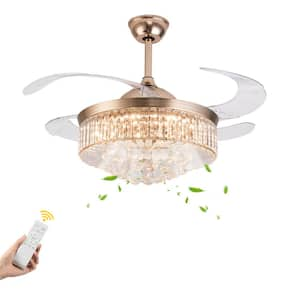 42 in. Integrated LED Indoor Gold Crystal Acrylic Retractable Blade Ceiling Fan with Light