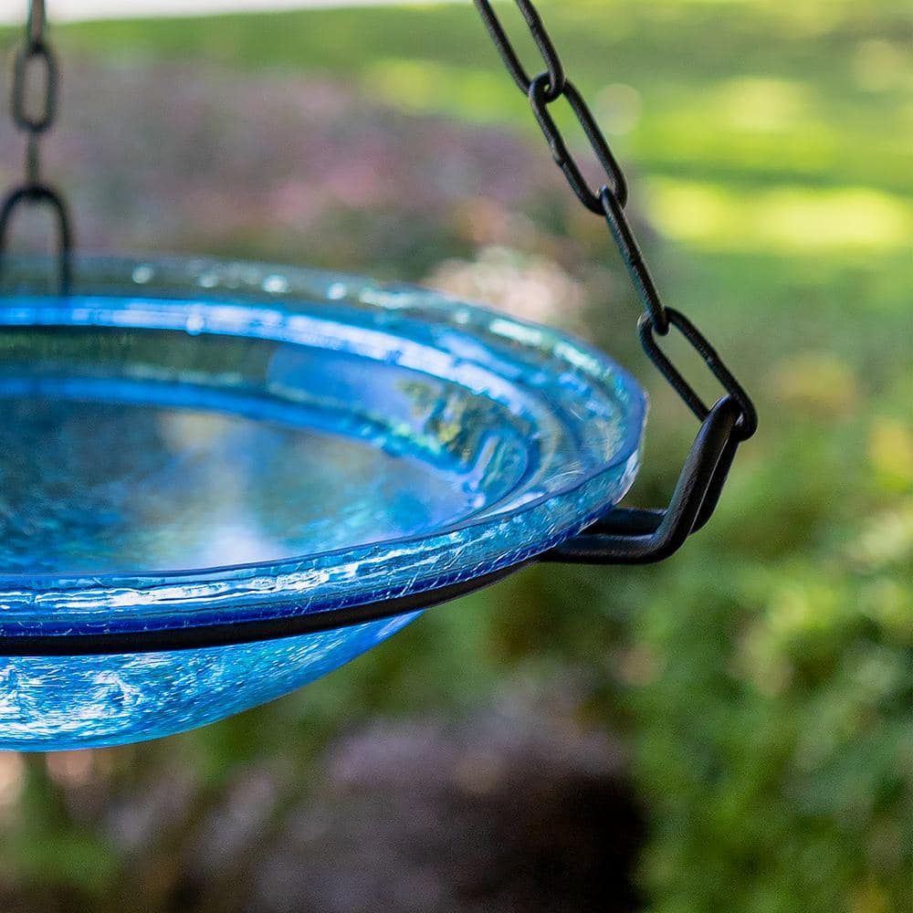 Teal Crackle Glass Hanging Birdbath with Iron Chain