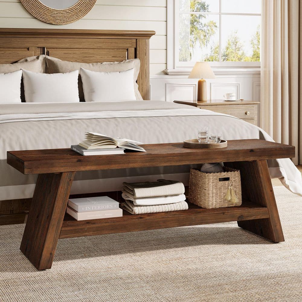Brennan 47 in. Solid Wood Dark Brown Rectangal Entryway Dining Bench 2 Open Back Shelves Indoor Home Office Farmhouse price history on PriceWatchPro