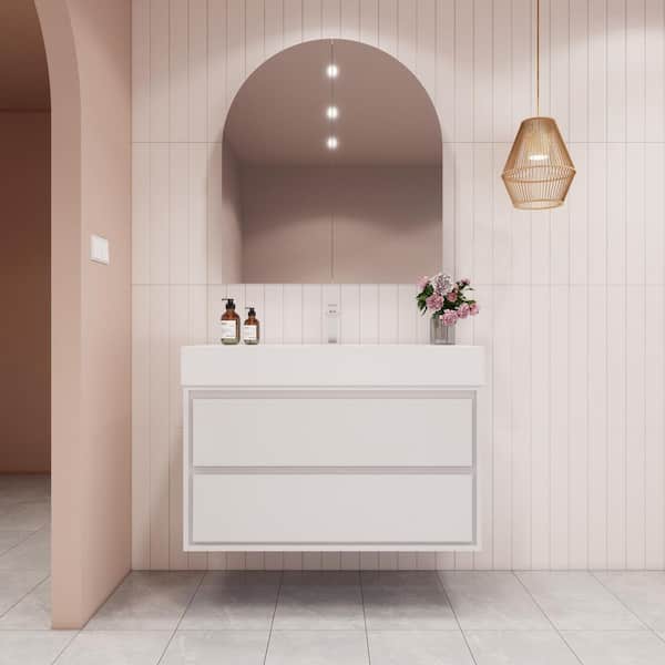 BV Better Vanity Saggie 42 in. W. x 20 in. D x 28 in. H Single Sink Floating Bath Vanity in Gloss White with White Acrylic Top
