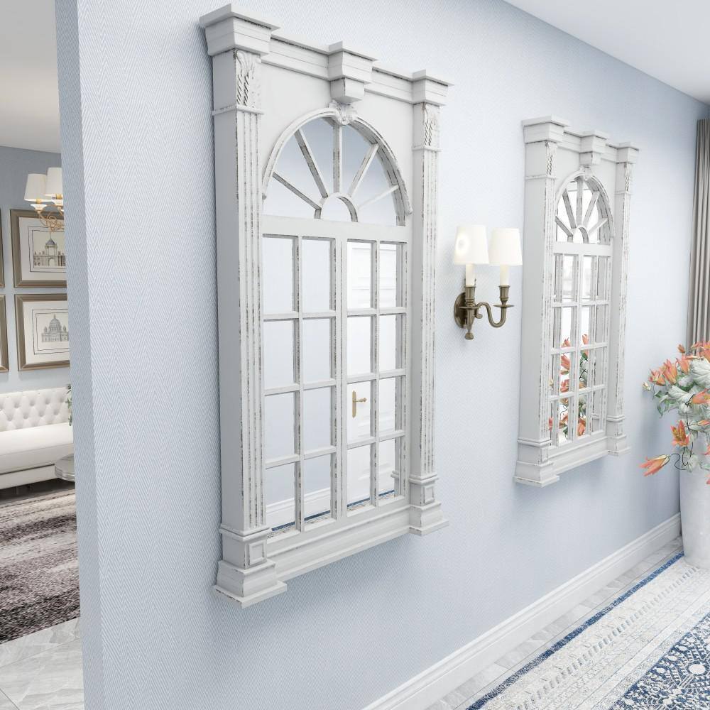 Cream Wood Windowpane Arched Wall Mirror with Distressed Finish