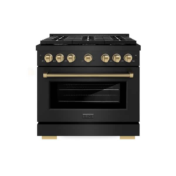 Autograph 36 in. Paramount Gas Range with 6 Burners and Convection Gas Oven in Black Steel with Bronze Helix Handle
