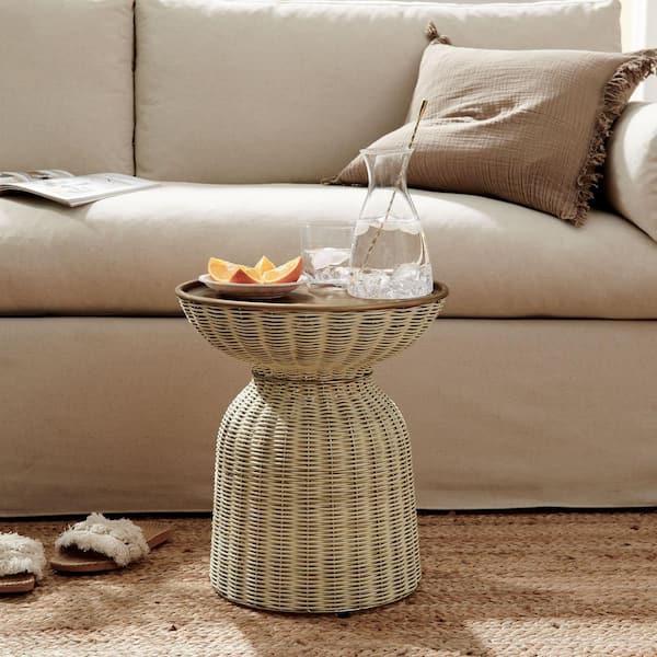 MODWAY Lazaro 17 in. Specialty Rattan Side Table with Brass Top-Boho Woven Accent End Table with Removable Metal Tray