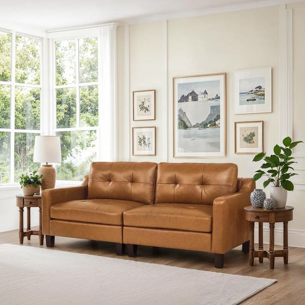 Hasa 82 in. W. Mid-Century Modern Square Arm Genuine Leather Sofa Upholstered Couch with Thick Solid Wood Leg in Brown