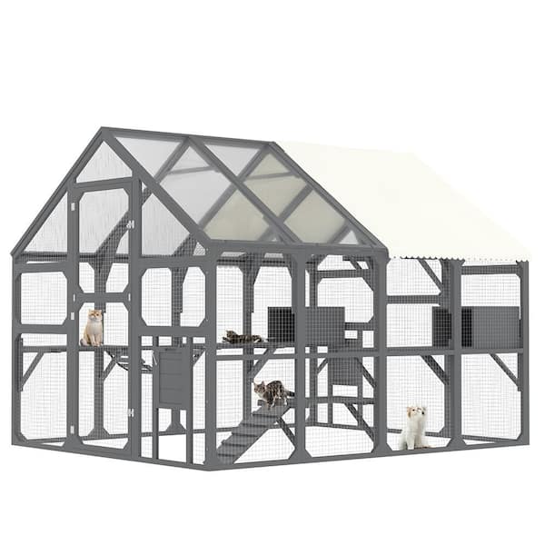 Gray Large Outdoor Cat Enclosure with 7 Platforms, 2 Resting Boxes, 1 Bridge and 1 Ramp for Multiple Kittens