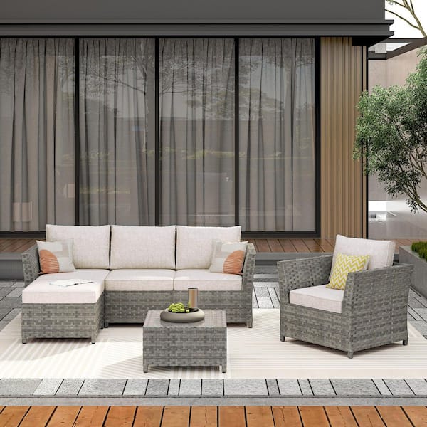 Bella Gray 6-Piece Wicker Outdoor Sectional Set with Beige Cushions