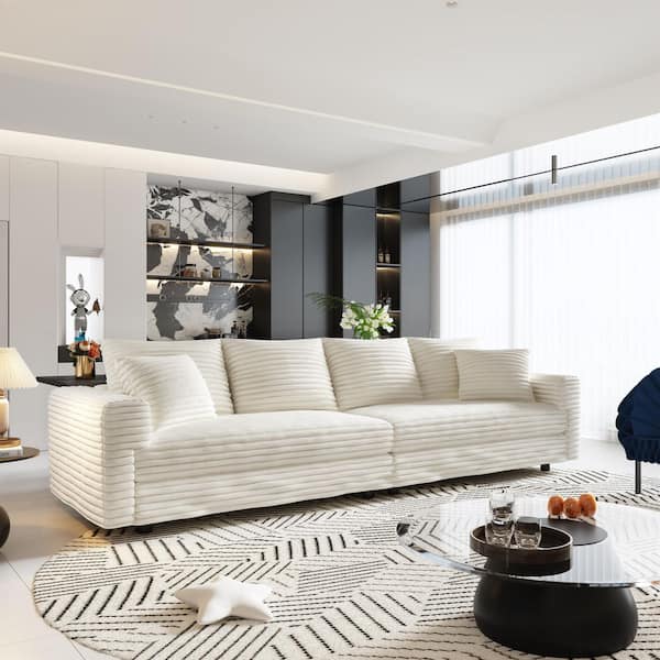 102.4 in. Square Arm Corduroy Rectangle Sectional Sofa in Beige/White (Seats 4)