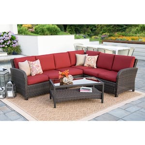 Jackson 5-Piece Wicker Outdoor Sectional Seating Set with Red Polyester Cushions
