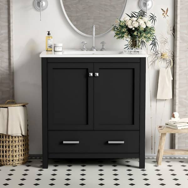 30 in. W Single Sink Freestanding Bath Vanity in Black with White Ceramic Top, 2 Doors and a Drawer