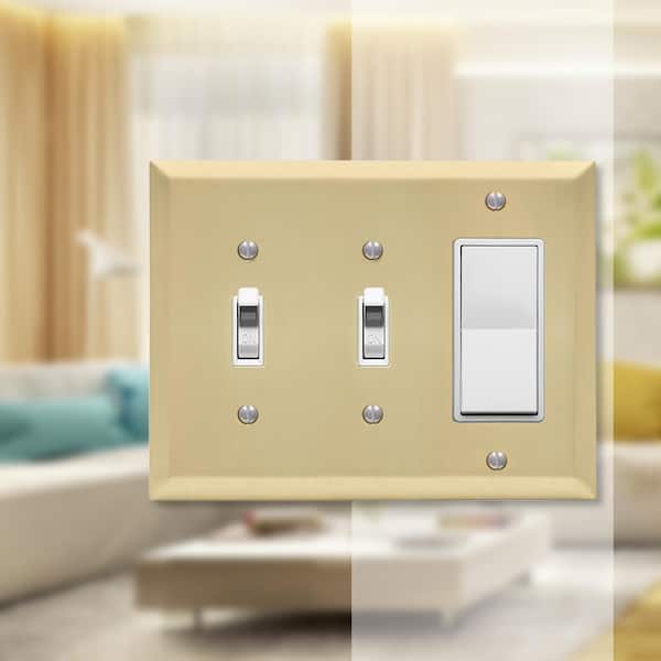 Metallic 3 Gang 2-Toggle and 1-Rocker Steel Wall Plate - Satin Brass