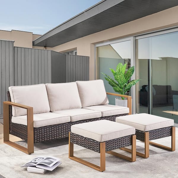 moosprr 3-Piece Brown Wicker Outdoor Couch Patio Conversation Set with Olefin Beige Cushions and Ottomans