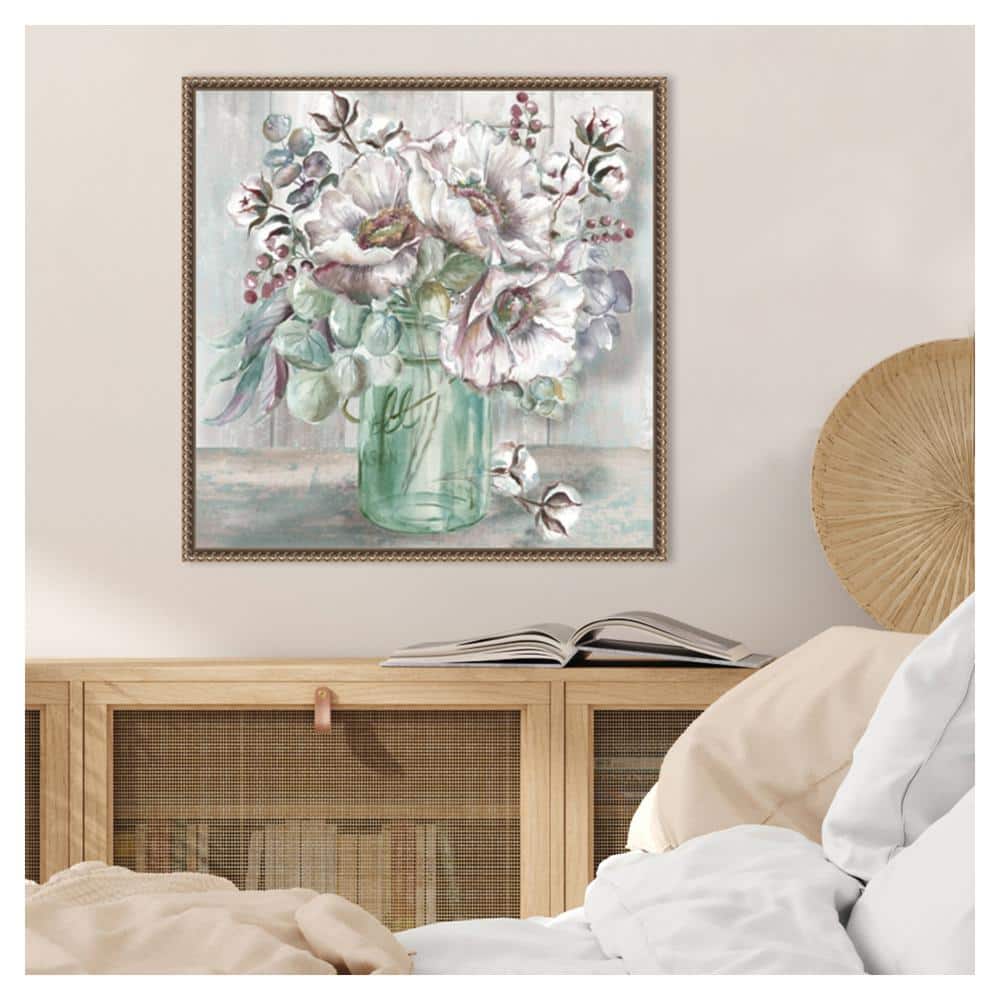 Blush Poppies and Eucalyptus in Mason Jar Canvas Print with Bronze Frame