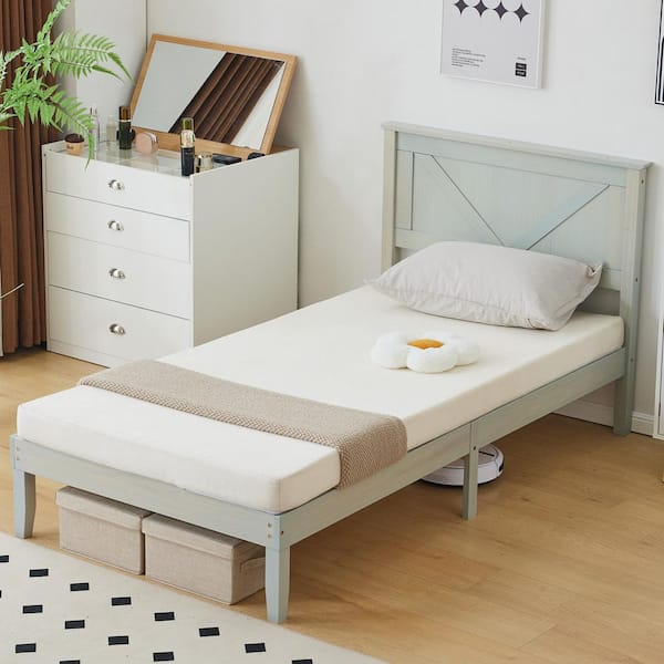 Karl home Gray Wood Bed Frame Twin Size Platform Bed with Headboard