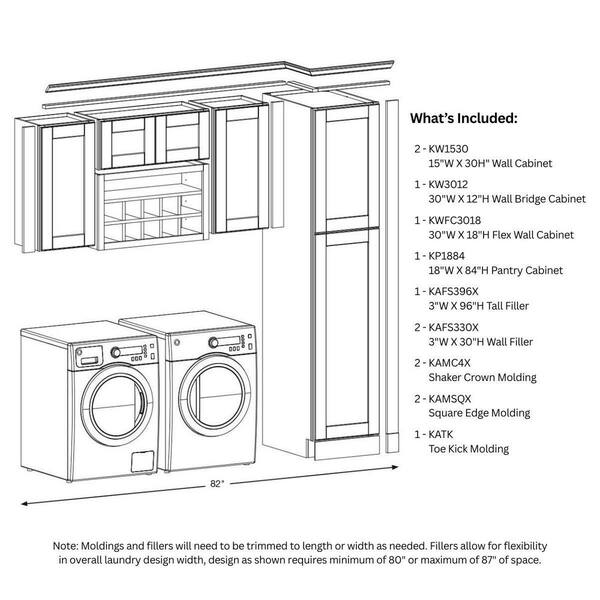 Shaker 82 in W x 24 in D x 84 in H Ready to Assemble Laundry Kit with Assembled Wall and Pantry Cabinets in Satin White
