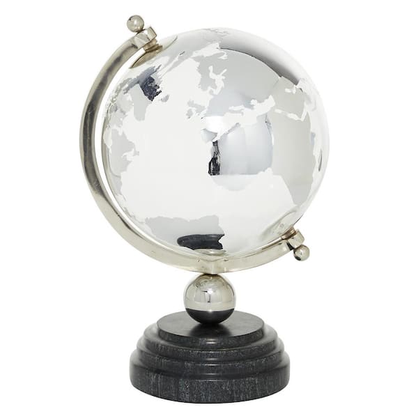 Litton Lane 13 in. Silver Marble Decorative Globe with Marble Base and Black Base