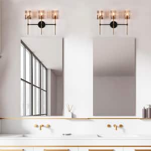 Echonalyri Modern 3-Light Matte Glam Black and Plating Brass Vanity Light with Geometric Textured Glass Shades