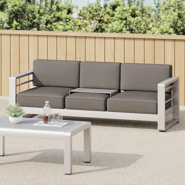 Silver Aluminum Outdoor Couch with Khaki Cushions and U-shaped Tray