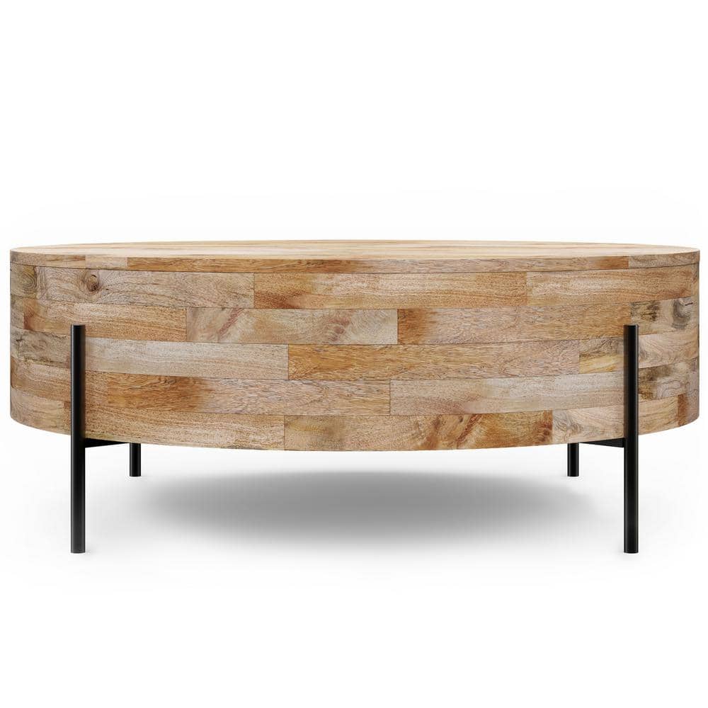 Natural Mango Wood and Black Metal Round Drum Coffee Table