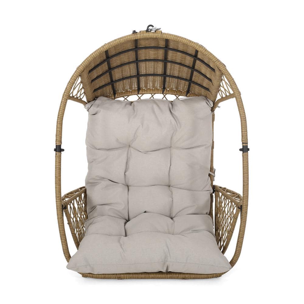 Scandinavian Light Brown Outdoor Egg Hanging Chair with Beige Cushions