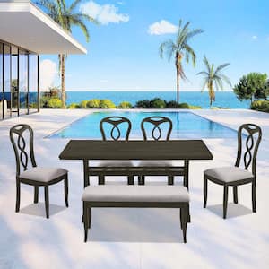 6-Piece Wood Outdoor Dining Set, Trestle Dining Table Set with Upholstered Dining Chairs, Dining Bench and Gray Cushion