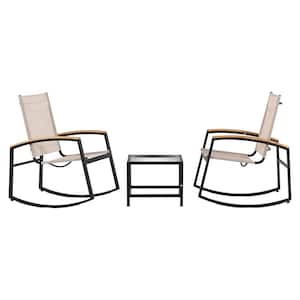 3-Piece Acacia Wood Outdoor Bistro Set with Textilene Fiber, Rocking Design Chairs and Sturdy Steel Frame- Black Beige