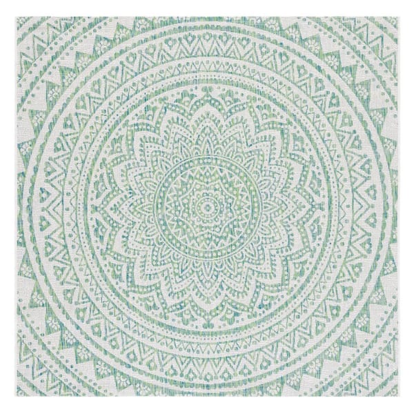 Courtyard Ivory/Green 8 ft. x 8 ft. Medallion Indoor/Outdoor Square Area Rug