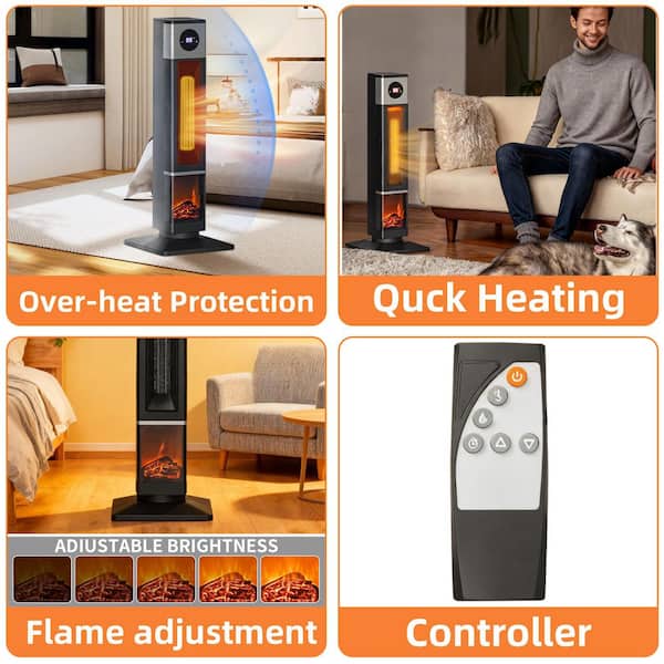 11 in. Freestanding Electric Fireplace Heater with 3D Flame, Remote, Timer, Heater 323 sq. ft., 1400W Heating in Black