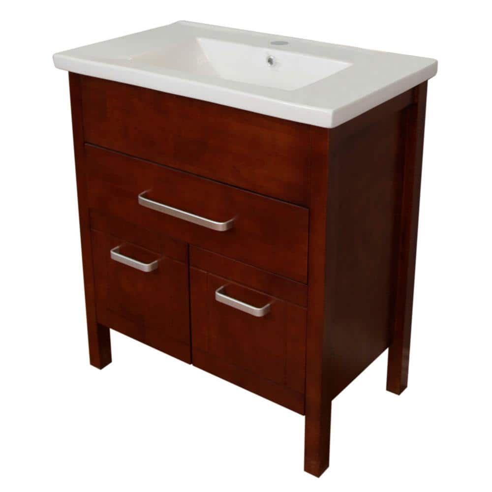 Walnut Plywood Single Sink Freestanding Vanity with White Ceramic Top