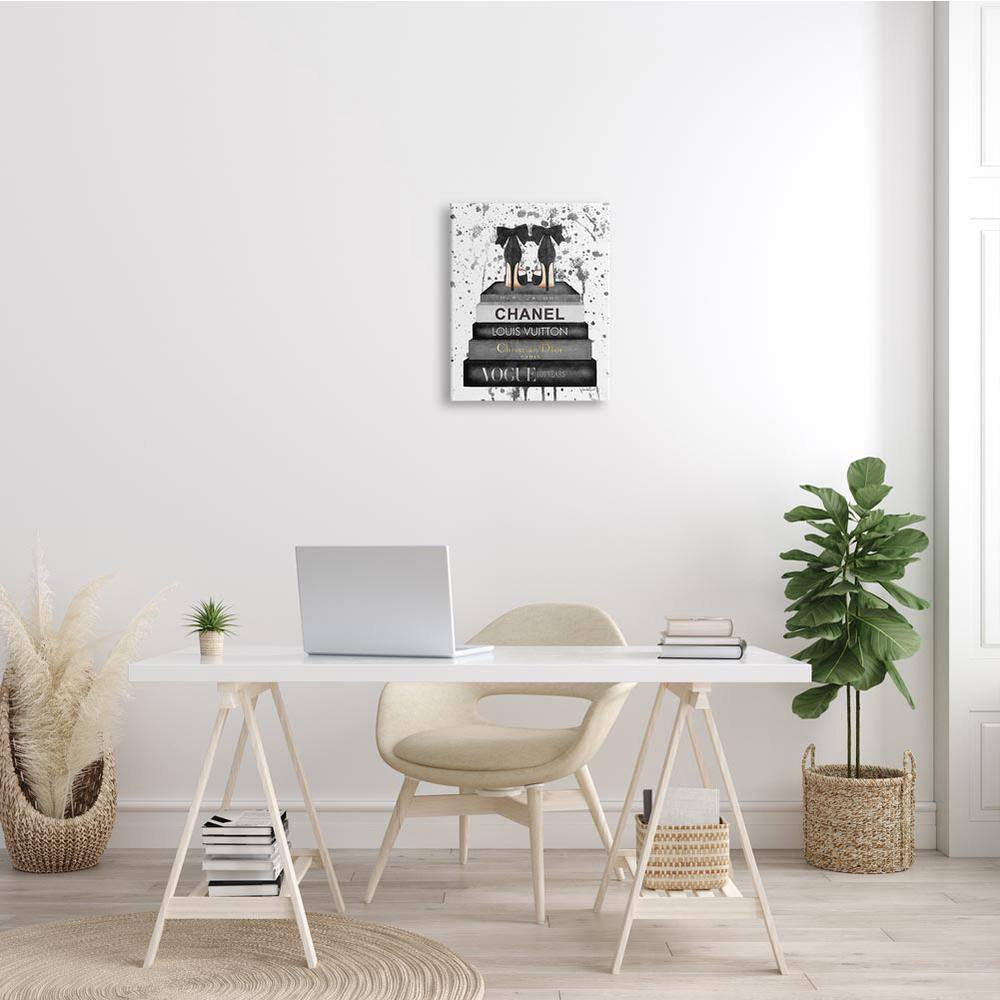 Glam Fashion Book Stack Gray Bow Pump Heels Canvas Wall Art