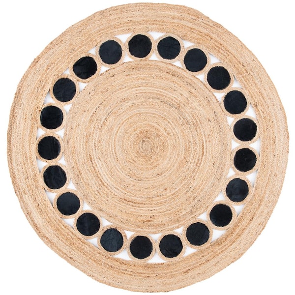 Natural Fiber Beige/Black 6 ft. x 6 ft. Round Solid Area Rug