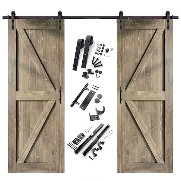 HOMACER 40 in. x 84 in. K-Frame Classic Gray Double Pine Wood Interior Sliding Barn Door with Hardware Kit, Non-Bypass