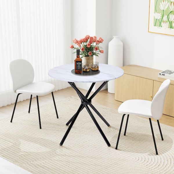 Homy Casa Fontana Modern Glacier Marble Wood Top 31.5 in. in Black Metal Cross Legs Base Round Dining Table (Seats 2)