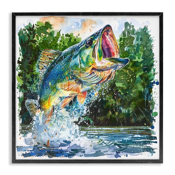 Stupell Industries Splashing Bass Fish by LSR Design Studio Black Framed Animal Giclee Art Print 24 in. x 24 in.